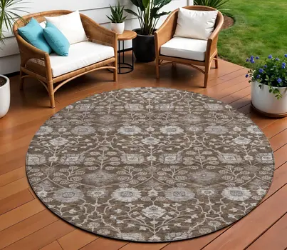 8' Chocolate Beige And Gray Round Floral Washable Indoor Outdoor Area Rug