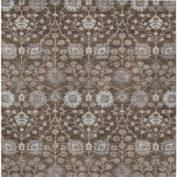 10' X 14' Chocolate Beige And Gray Floral Washable Indoor Outdoor Area Rug