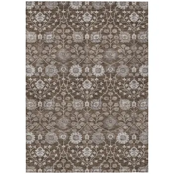 10' X 14' Chocolate Beige And Gray Floral Washable Indoor Outdoor Area Rug