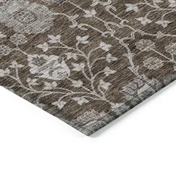 10' X 14' Chocolate Beige And Gray Floral Washable Indoor Outdoor Area Rug