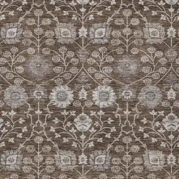 10' X 14' Chocolate Beige And Gray Floral Washable Indoor Outdoor Area Rug