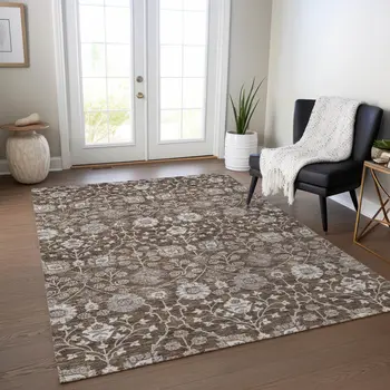 10' X 14' Chocolate Beige And Gray Floral Washable Indoor Outdoor Area Rug