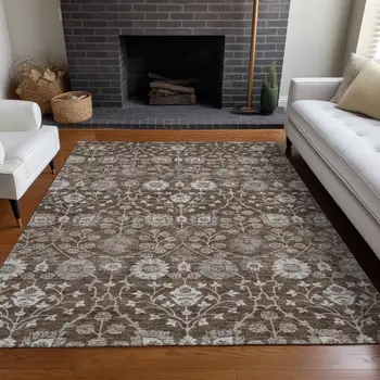 10' X 14' Chocolate Beige And Gray Floral Washable Indoor Outdoor Area Rug