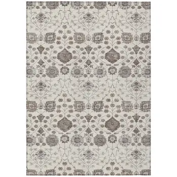 5' X 8' Ivory Brown And Gray Floral Washable Indoor Outdoor Area Rug