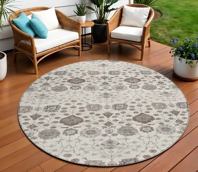 8' Ivory Brown And Gray Round Floral Washable Indoor Outdoor Area Rug