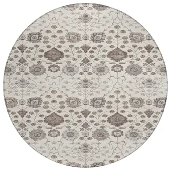 8' Ivory Brown And Gray Round Floral Washable Indoor Outdoor Area Rug