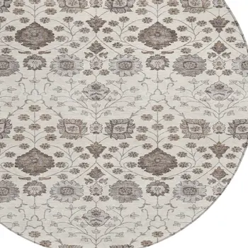 8' Ivory Brown And Gray Round Floral Washable Indoor Outdoor Area Rug