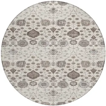 8' Ivory Brown And Gray Round Floral Washable Indoor Outdoor Area Rug