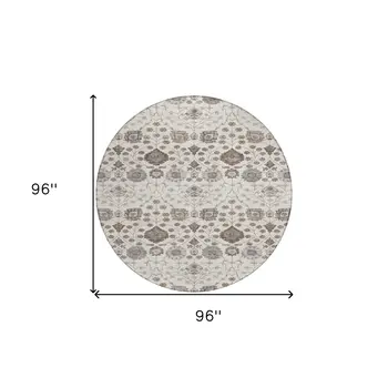 8' Ivory Brown And Gray Round Floral Washable Indoor Outdoor Area Rug