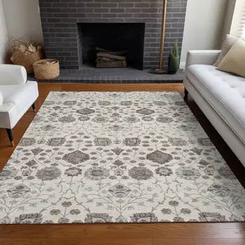 10' X 14' Ivory Brown And Gray Floral Washable Indoor Outdoor Area Rug