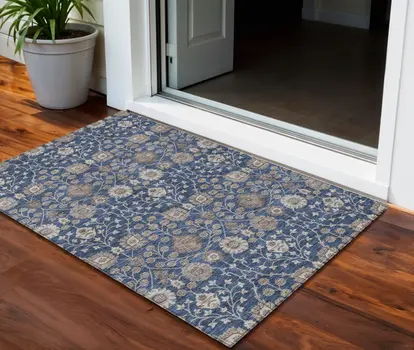 3' X 5' Navy Blue Brown And Beige Floral Washable Indoor Outdoor Area Rug