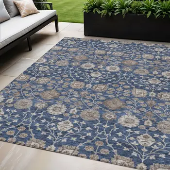 5' X 8' Navy Blue Brown And Beige Floral Washable Indoor Outdoor Area Rug