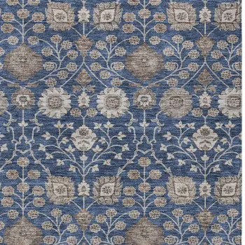 5' X 8' Navy Blue Brown And Beige Floral Washable Indoor Outdoor Area Rug