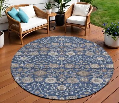 8' Navy Blue Brown And Beige Round Floral Washable Indoor Outdoor Area Rug