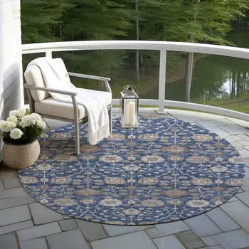 8' Navy Blue Brown And Beige Round Floral Washable Indoor Outdoor Area Rug