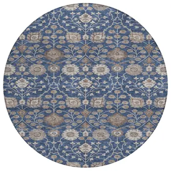 8' Navy Blue Brown And Beige Round Floral Washable Indoor Outdoor Area Rug