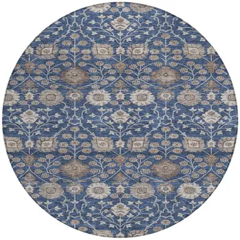 8' Navy Blue Brown And Beige Round Floral Washable Indoor Outdoor Area Rug