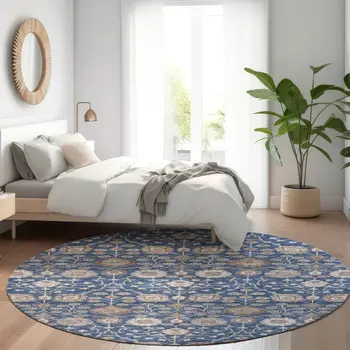 8' Navy Blue Brown And Beige Round Floral Washable Indoor Outdoor Area Rug