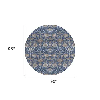 8' Navy Blue Brown And Beige Round Floral Washable Indoor Outdoor Area Rug