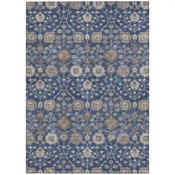 8' X 10' Navy Blue Brown And Beige Floral Washable Indoor Outdoor Area Rug