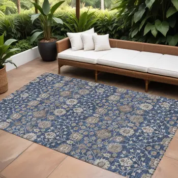 8' X 10' Navy Blue Brown And Beige Floral Washable Indoor Outdoor Area Rug
