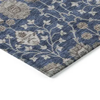 8' X 10' Navy Blue Brown And Beige Floral Washable Indoor Outdoor Area Rug