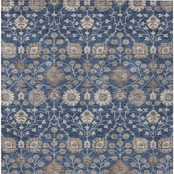 8' X 10' Navy Blue Brown And Beige Floral Washable Indoor Outdoor Area Rug