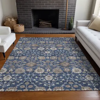 8' X 10' Navy Blue Brown And Beige Floral Washable Indoor Outdoor Area Rug