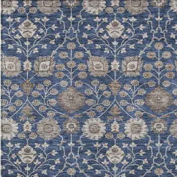 9' X 12' Navy Blue Brown And Beige Floral Washable Indoor Outdoor Area Rug