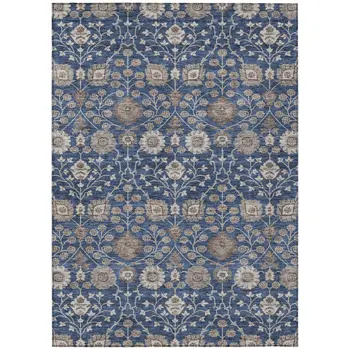 10' X 14' Navy Blue Brown And Beige Floral Washable Indoor Outdoor Area Rug