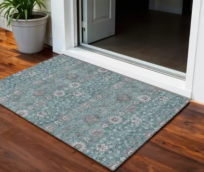 3' X 5' Teal Blue Gray And Charcoal Floral Washable Indoor Outdoor Area Rug