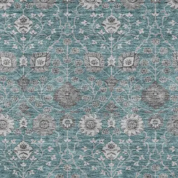 3' X 5' Teal Blue Gray And Charcoal Floral Washable Indoor Outdoor Area Rug