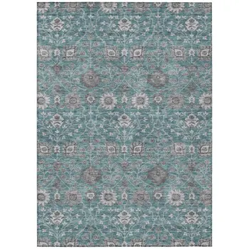 5' X 8' Teal Blue Gray And Charcoal Floral Washable Indoor Outdoor Area Rug