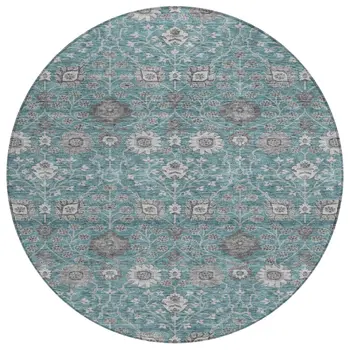 8' Teal Blue Gray And Charcoal Round Floral Washable Indoor Outdoor Area Rug