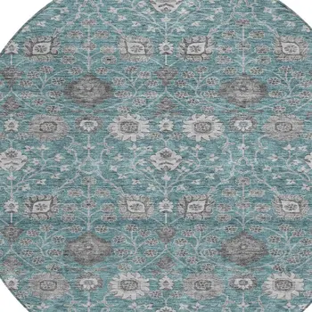 8' Teal Blue Gray And Charcoal Round Floral Washable Indoor Outdoor Area Rug