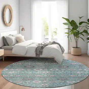 8' Teal Blue Gray And Charcoal Round Floral Washable Indoor Outdoor Area Rug