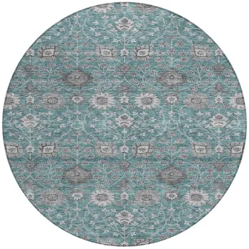8' Teal Blue Gray And Charcoal Round Floral Washable Indoor Outdoor Area Rug