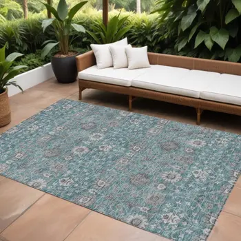 8' X 10' Teal Blue Gray And Charcoal Floral Washable Indoor Outdoor Area Rug