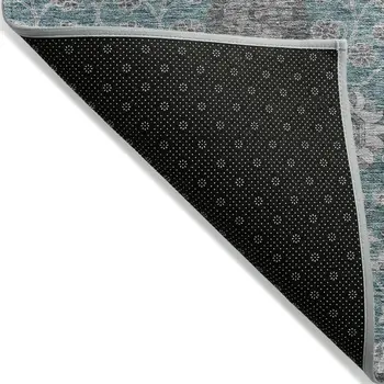 8' X 10' Teal Blue Gray And Charcoal Floral Washable Indoor Outdoor Area Rug