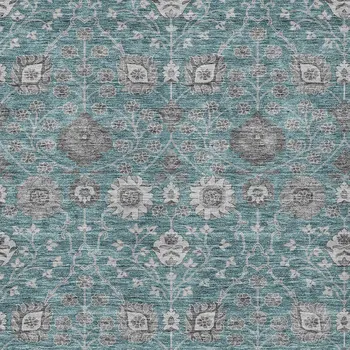9' X 12' Teal Blue Gray And Charcoal Floral Washable Indoor Outdoor Area Rug
