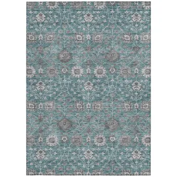 10' X 14' Teal Blue Gray And Charcoal Floral Washable Indoor Outdoor Area Rug