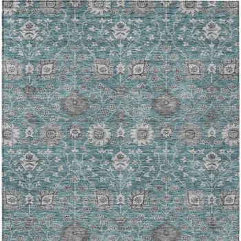 10' X 14' Teal Blue Gray And Charcoal Floral Washable Indoor Outdoor Area Rug