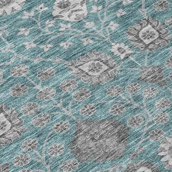10' X 14' Teal Blue Gray And Charcoal Floral Washable Indoor Outdoor Area Rug