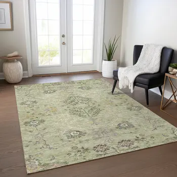 3' X 5' Artichoke Green Brown And Beige Floral Washable Indoor Outdoor Area Rug
