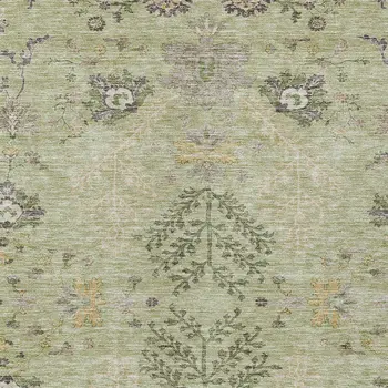 5' X 8' Artichoke Green Brown And Beige Floral Washable Indoor Outdoor Area Rug