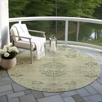 8' Artichoke Green Brown And Beige Round Floral Washable Indoor Outdoor Area Rug