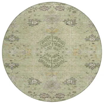 8' Artichoke Green Brown And Beige Round Floral Washable Indoor Outdoor Area Rug