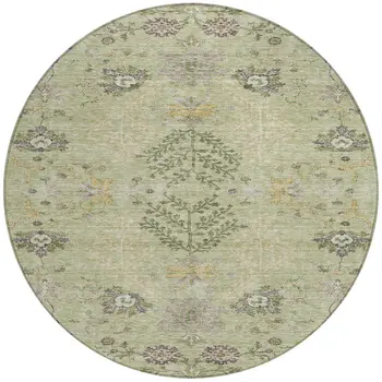 8' Artichoke Green Brown And Beige Round Floral Washable Indoor Outdoor Area Rug