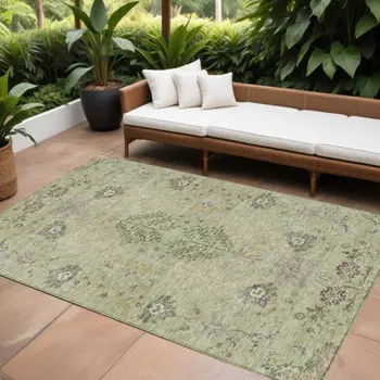 8' X 10' Artichoke Green Brown And Beige Floral Washable Indoor Outdoor Area Rug