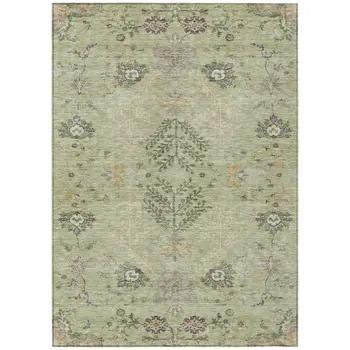 8' X 10' Artichoke Green Brown And Beige Floral Washable Indoor Outdoor Area Rug